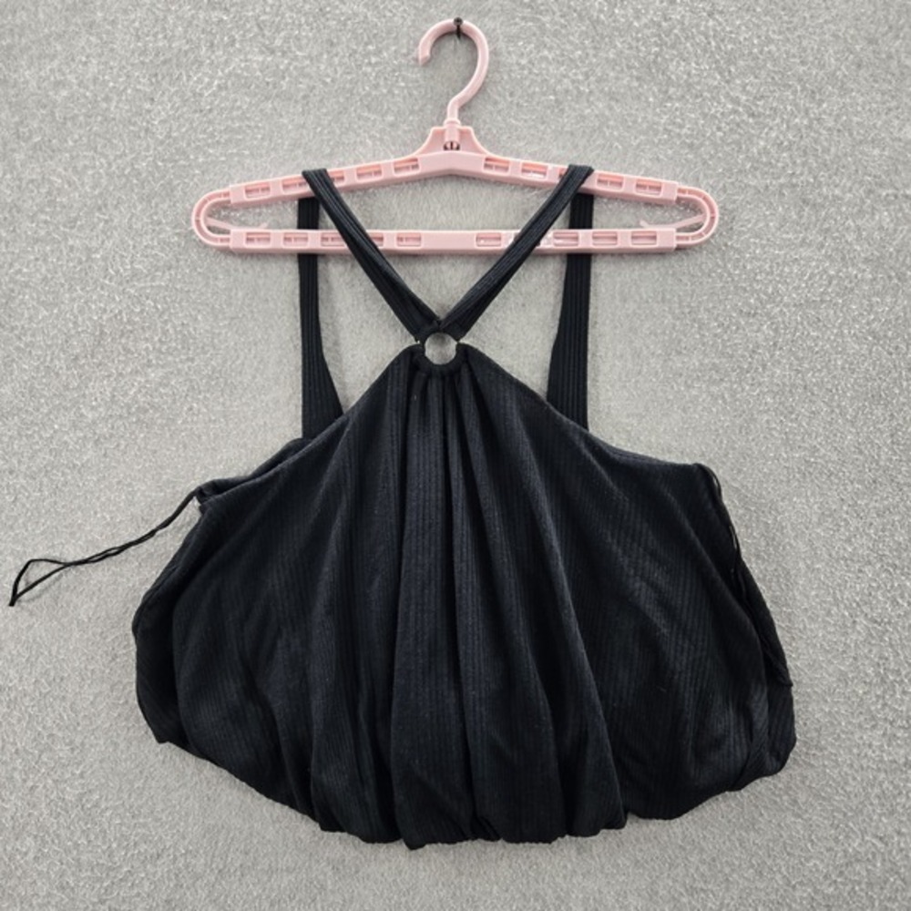 Free People Women Tank Top S Black Ring Halter Cropped Pullover